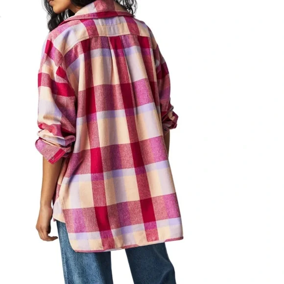 We The Free Red and Pink Plaid Button Down Shirt - Picture 2 of 7